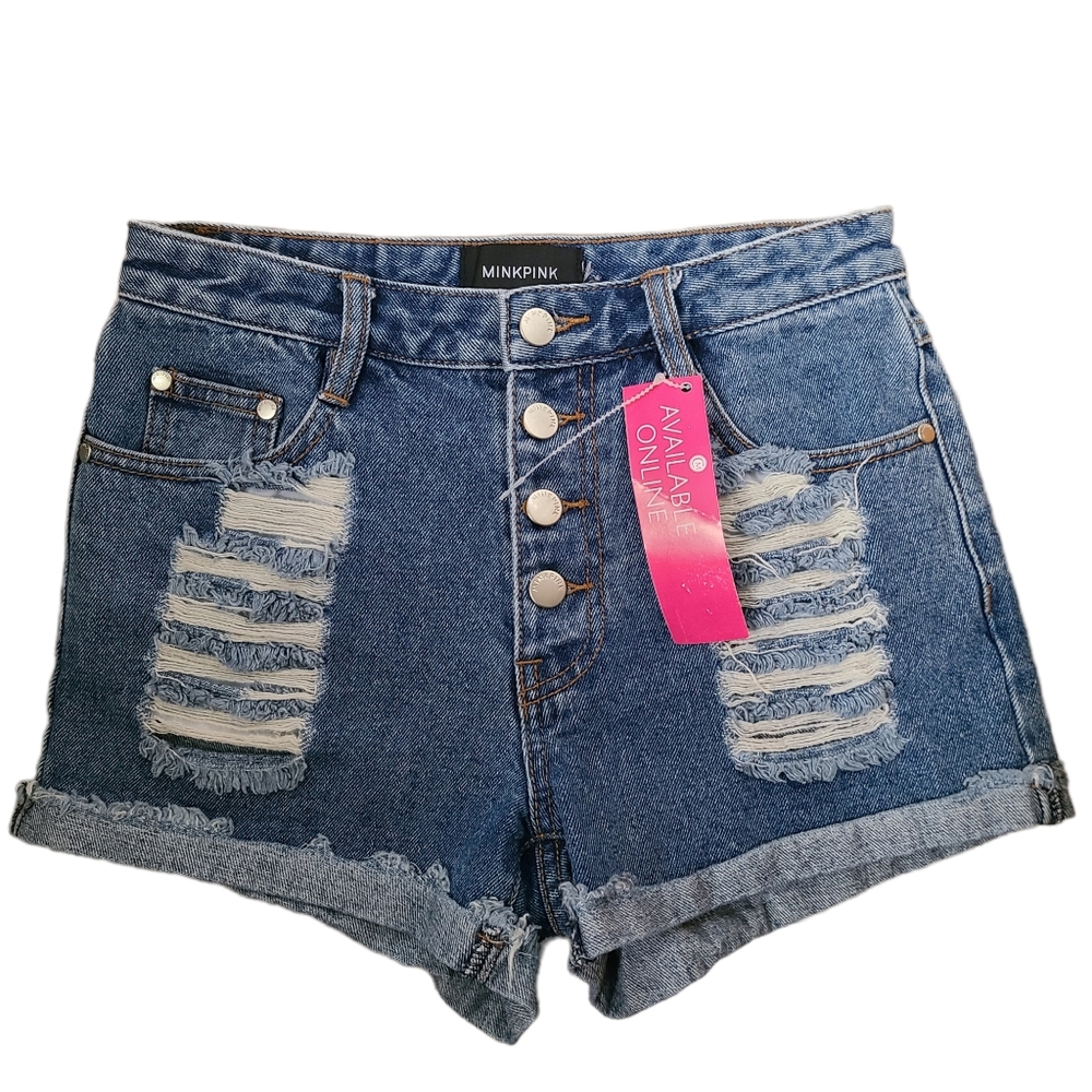 MINKPINK Denim Button Fly Folded Cuff Distressed Shorts Size XS